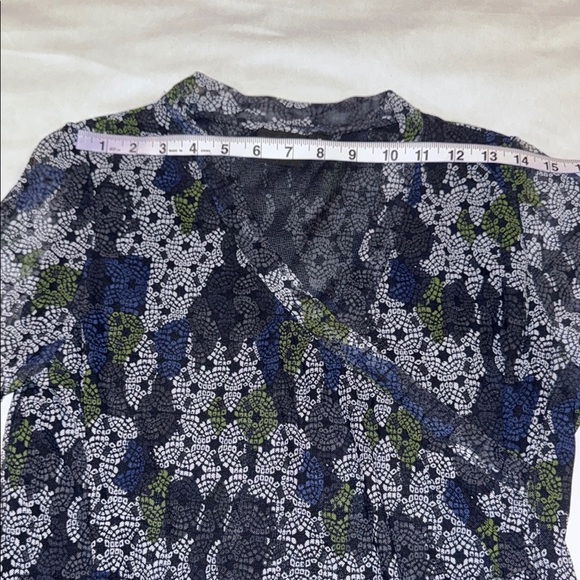 Tribal Blouse Sheer Blue Green White Cross Front Ruching Fitted Women’s Size M - Picture 6 of 11
